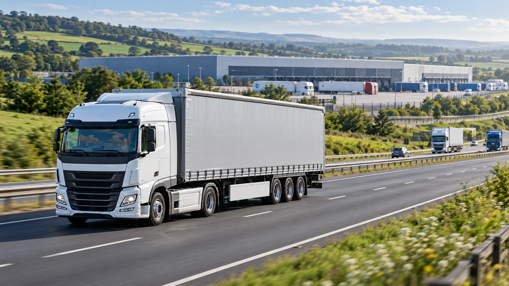 A freight lorry travelling on a UK motorway near a distribution centre