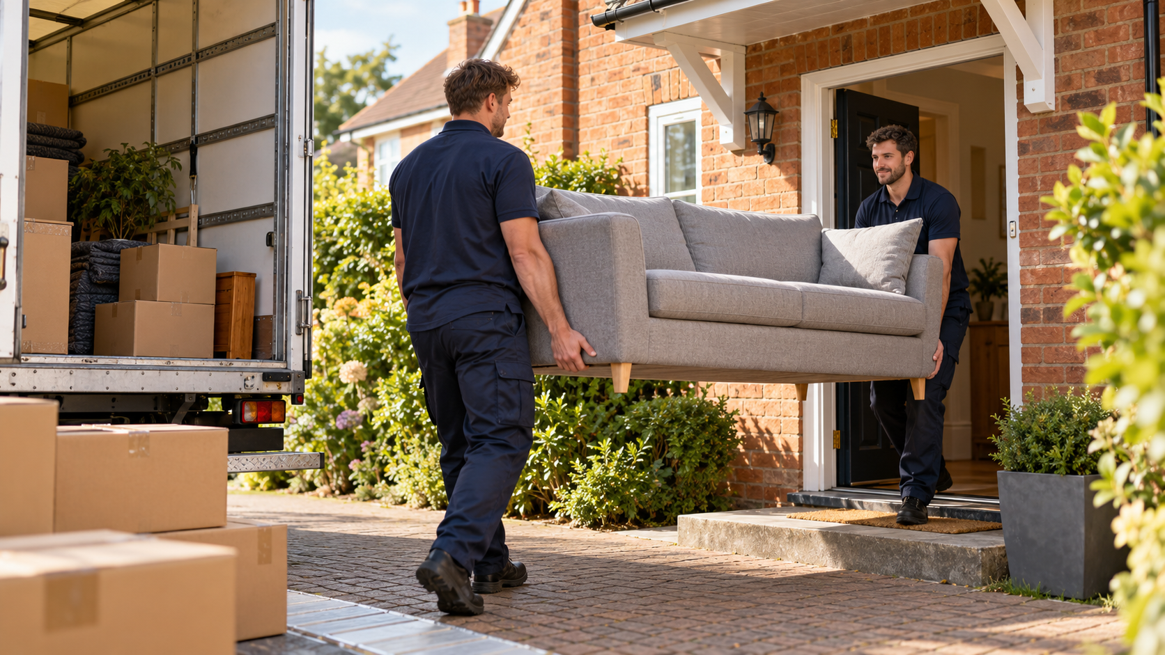 Two removal workers carrying a sofa from a home towards a removals lorry